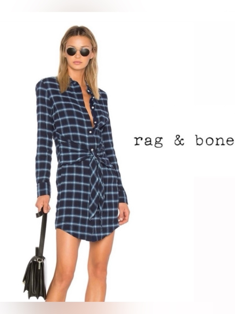 rag & bone Navy Plaid Tie-Waist Shirt Dress